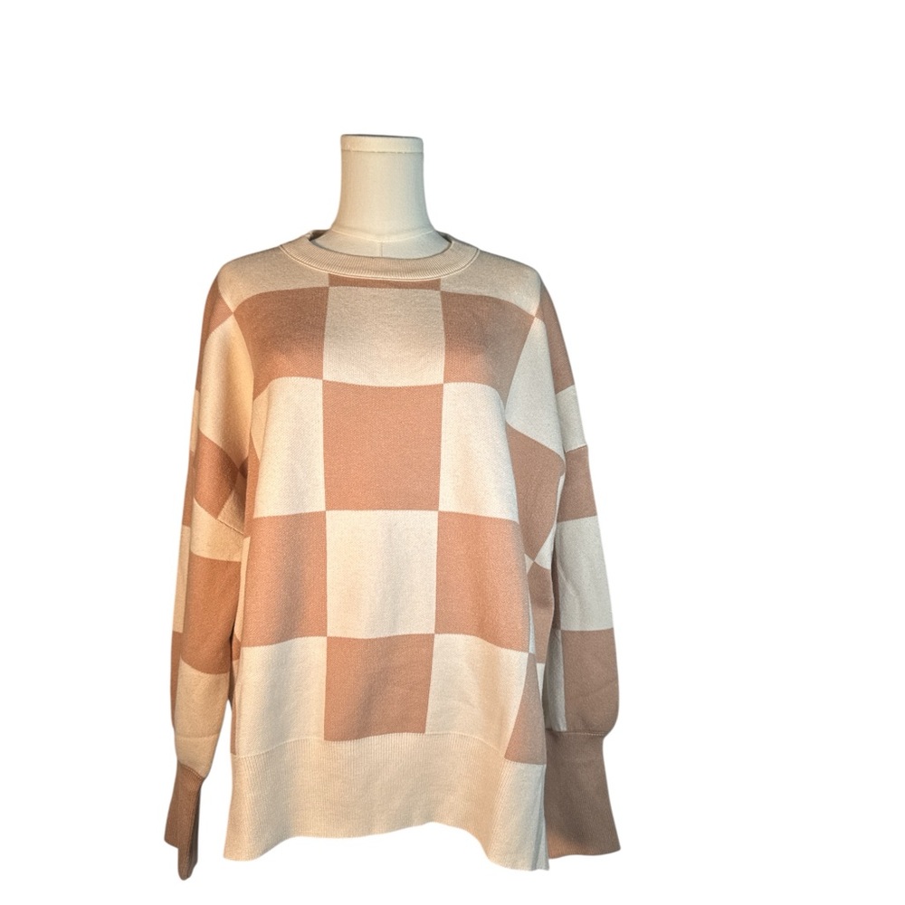 Elegant Checkered Sweater - Cream‎ and Tan